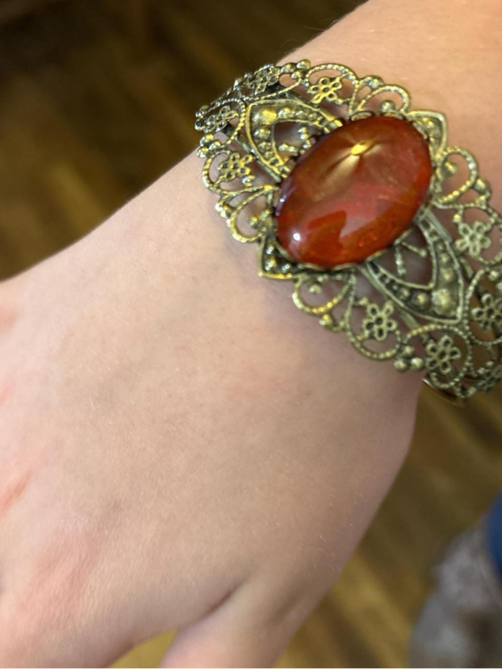 Handmade Vintage-Inspired Gold Filigree Bracelet with Amber Red Stone